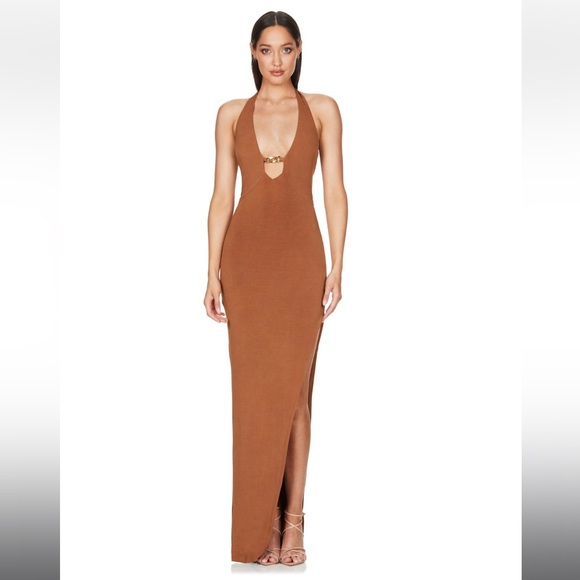 Nookie Brown Backless Halter Gown - Picture 1 of 6